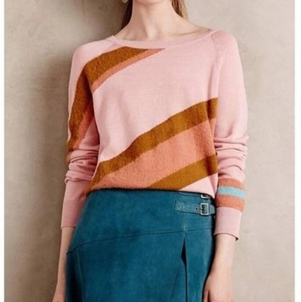 Anthropologie Moth Pink and Brown Striped Cotton Alpaca Wool Blend Knit Sweater